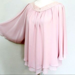 Vintage 70s Pink Floaty Top With Angel Sleeves Romantic Cottage Fairy